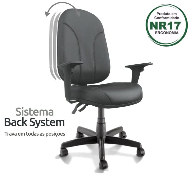 Cadeira Presidente PLUS BACK SYSTEM Baixa Costurada c/ Braços Reguláveis – Corino Preto 32974 KAIRÓS OFFICE Presidente 3