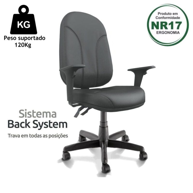 Cadeira Presidente PLUS BACK SYSTEM Baixa Costurada c/ Braços Reguláveis – Corino Preto 32974 KAIRÓS OFFICE Presidente 4