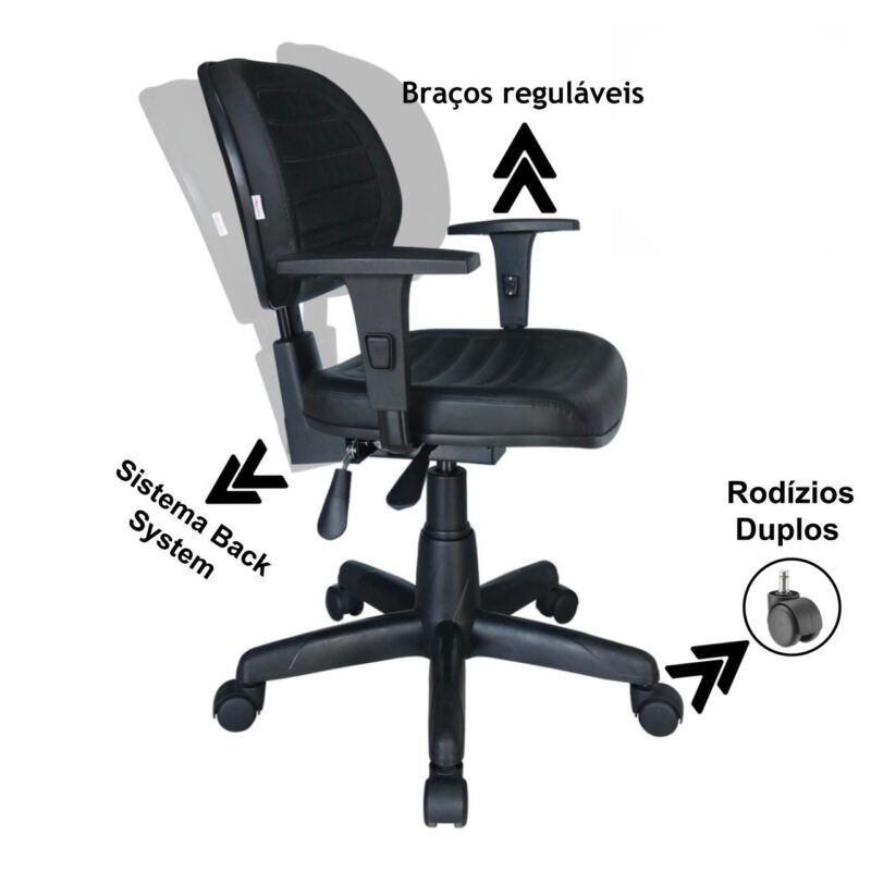 Cadeira Executiva Back System COSTURADA com Braços Reguláveis – Cor Preta – 31008 KAIRÓS OFFICE Executiva 4