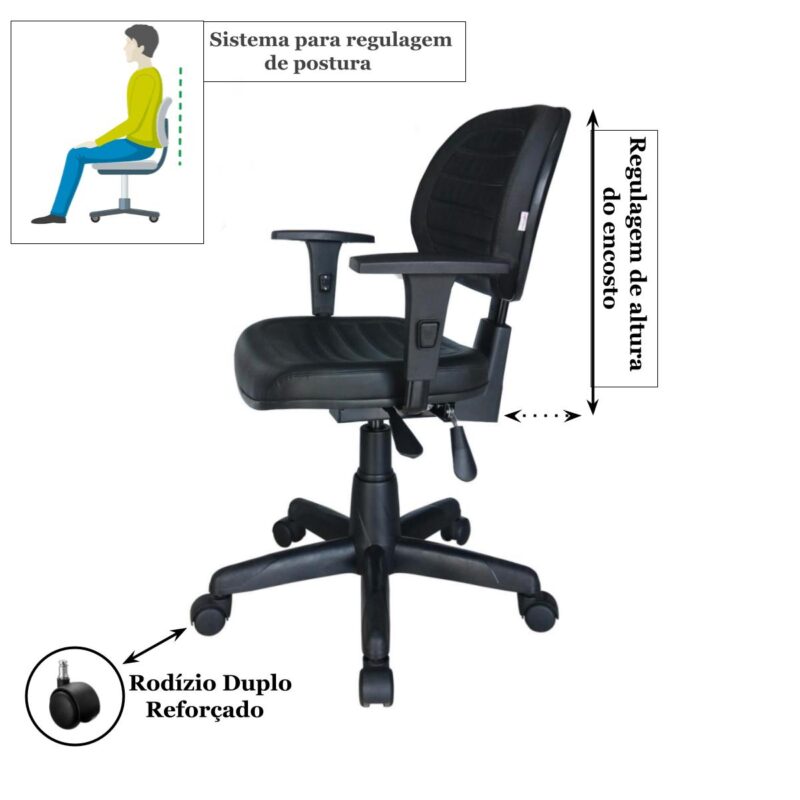 Cadeira Executiva Back System COSTURADA com Braços Reguláveis – Cor Preta – 31008 KAIRÓS OFFICE Executiva 3