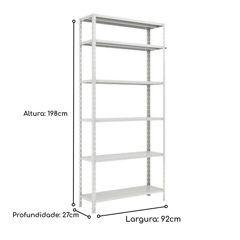 Estante de Aço com 06 Bandejas 27 cm (# 26/20) – 1,98×0,92×0,27m – W3 -16002 KAIRÓS OFFICE Estante de Aço 3