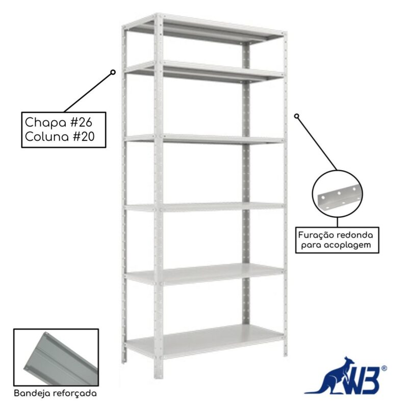 Estante de Aço com 06 Bandejas 27 cm (# 26/20) – 1,98×0,92×0,27m – W3 -16002 KAIRÓS OFFICE Estante de Aço 4