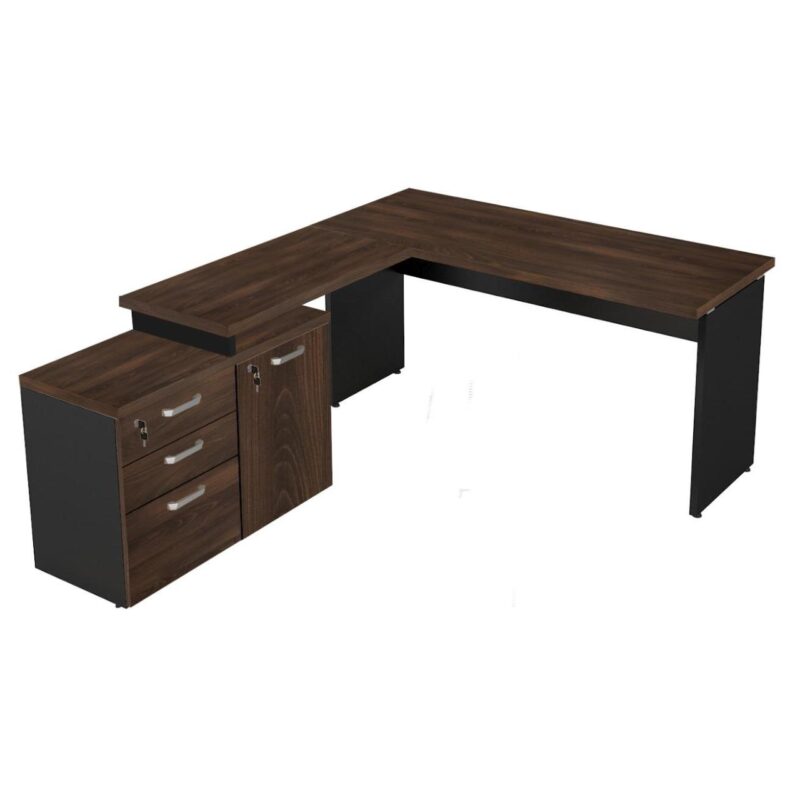Mesa Escritório em “L” – 1,50×1,50m (Extensível) – com Armário Misto (03 Gav.) MARSALA/PRETO – 23482 Kairós Office Linha 30 mm 3