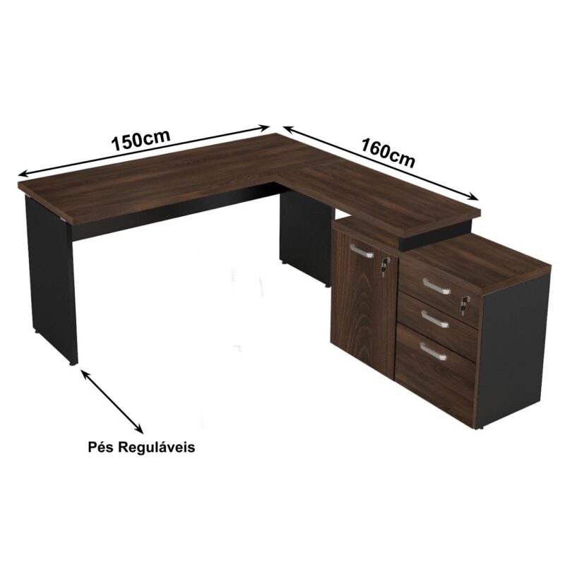 Mesa Escritório em “L” – 1,50×1,50m (Extensível) – com Armário Misto (03 Gav.) MARSALA/PRETO – 23482 Kairós Office Linha 30 mm 4