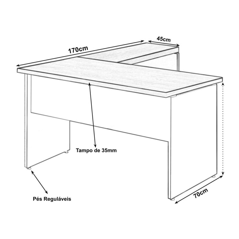 Mesa em “L” (Mesa 1,70m + Mesa Auxiliar) – S/ Gavetas Marsala / Preto – 23478 KAIRÓS OFFICE Linha 30 mm 3