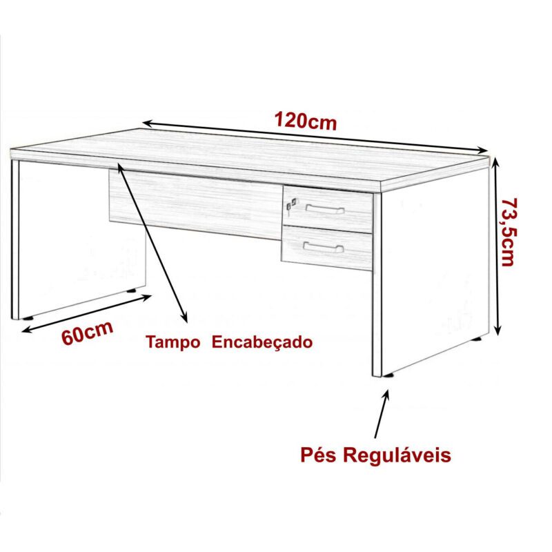 Mesa Escritório 1,20×0,60m – C/ 02 Gavetas MARSALA / PRETO – 23471 KAIRÓS OFFICE Linha 30 mm 3