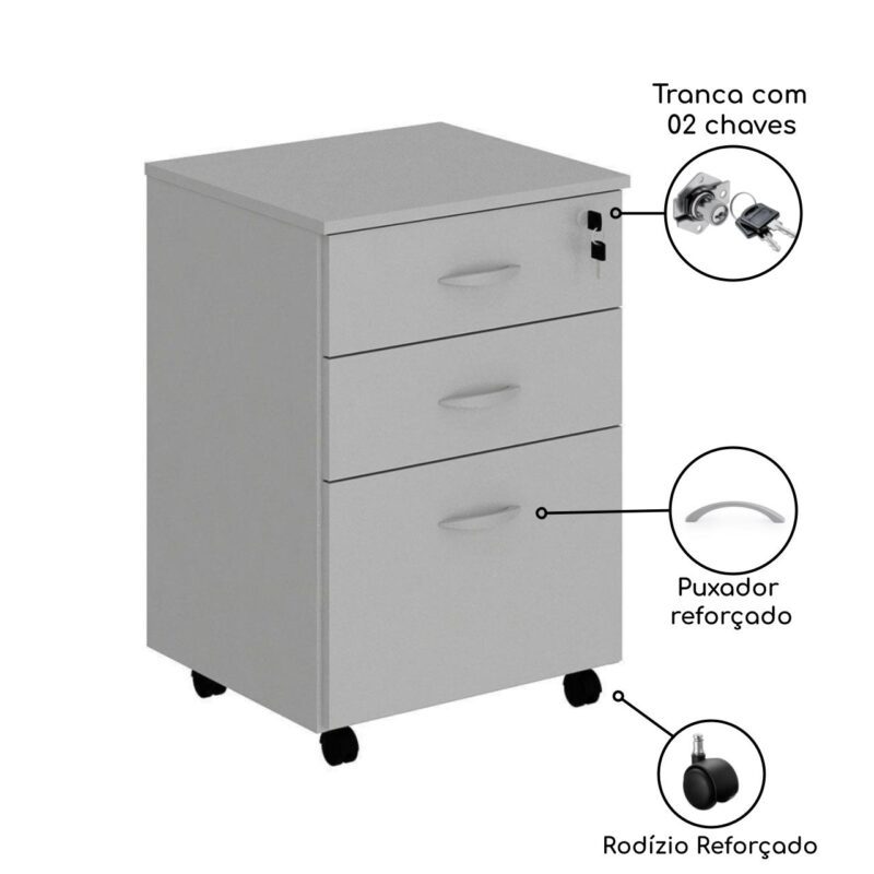 Gaveteiro Volante 03 Gav. 0,67×0,46×0,40m – Cor Cinza 21210 KAIRÓS OFFICE Linha 15 mm 4