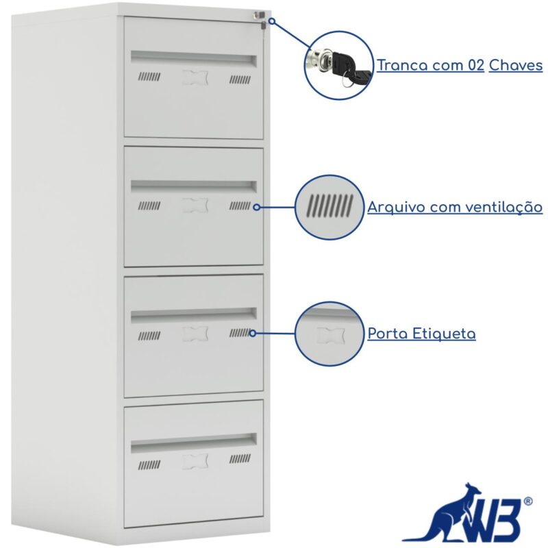 Arquivo de Aço 04 Gav. – CHAPA # 26- S/ TRILHO TELESC – (50cm) – 1,33×0,47×0,50m – CZ/CZ – W3 – 18000 KAIRÓS OFFICE Arquivo de Aço 3