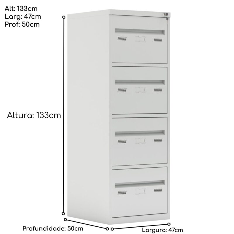 Arquivo de Aço 04 Gav. – CHAPA # 26- S/ TRILHO TELESC – (50cm) – 1,33×0,47×0,50m – CZ/CZ – W3 – 18000 KAIRÓS OFFICE Arquivo de Aço 4