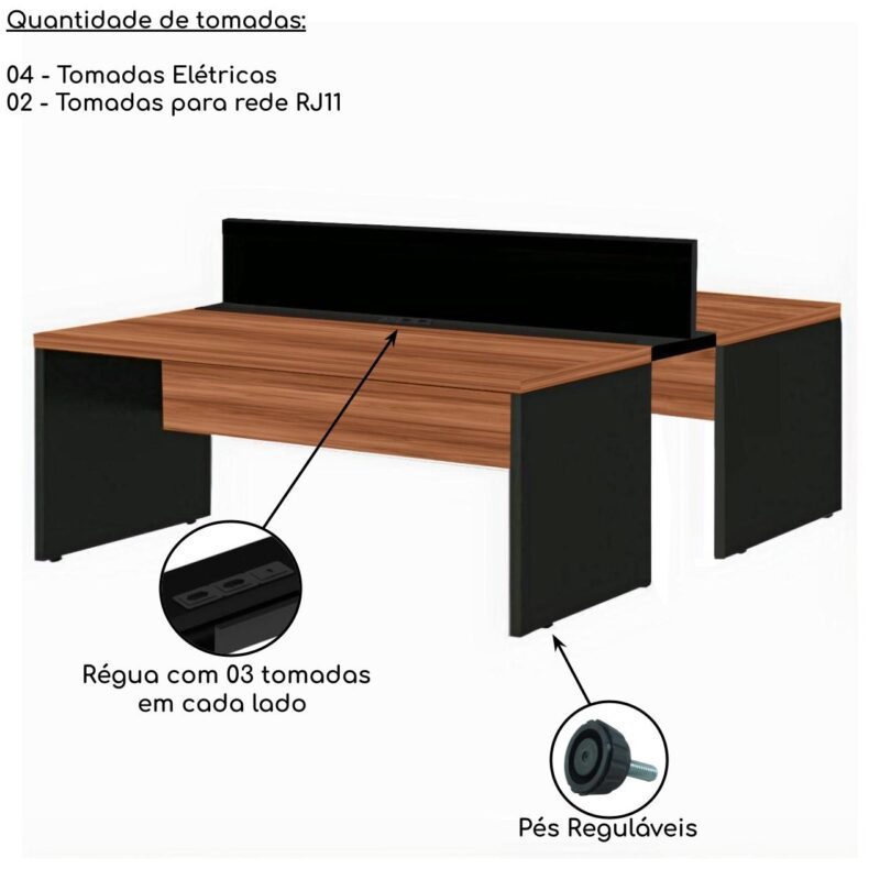 Estação de Trabalho Dupla 1,50×1,35m 02 Lugares s/ Gavetas c/ ponto de tomada Nogal Sevilha – 63087 KAIRÓS OFFICE Linha 40 mm 4