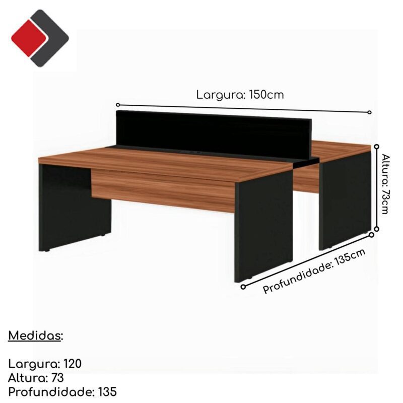 Estação de Trabalho Dupla 1,50×1,35m 02 Lugares s/ Gavetas c/ ponto de tomada Nogal Sevilha – 63087 KAIRÓS OFFICE Linha 40 mm 6