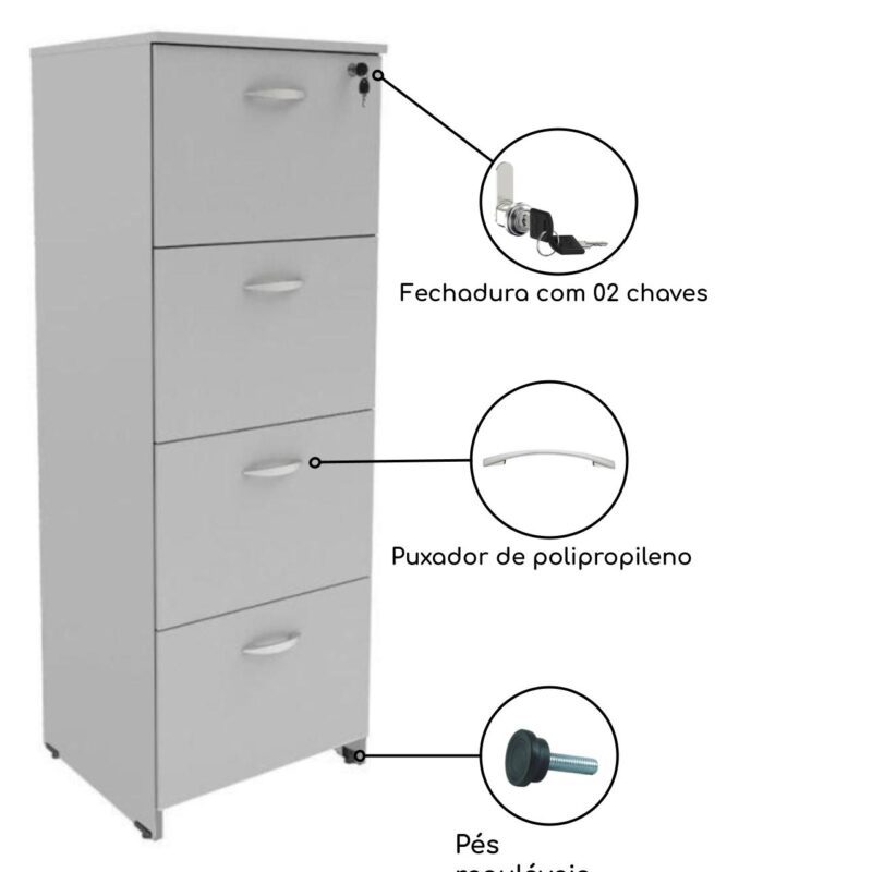 Arquivo 04 Gavetas Pasta Suspensa – MDP – 1,32×0,46×0,42m CINZA/CINZA – 21211 KAIRÓS OFFICE Linha 15 mm 4