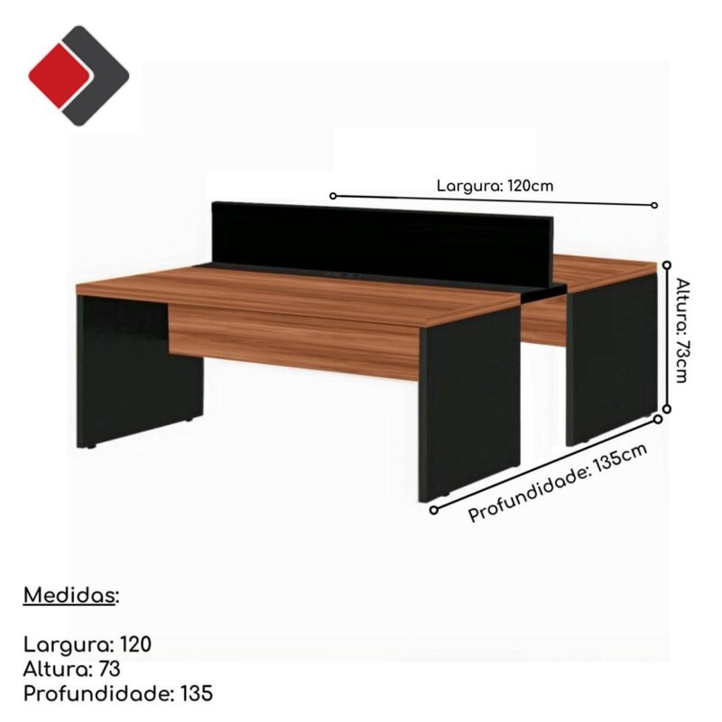 Estação de Trabalho Dupla 1,20×1,35m 02 Lugares s/ Gavetas c/ ponto de tomada Nogal Sevilha – 63085 KAIRÓS OFFICE Linha 40 mm 4