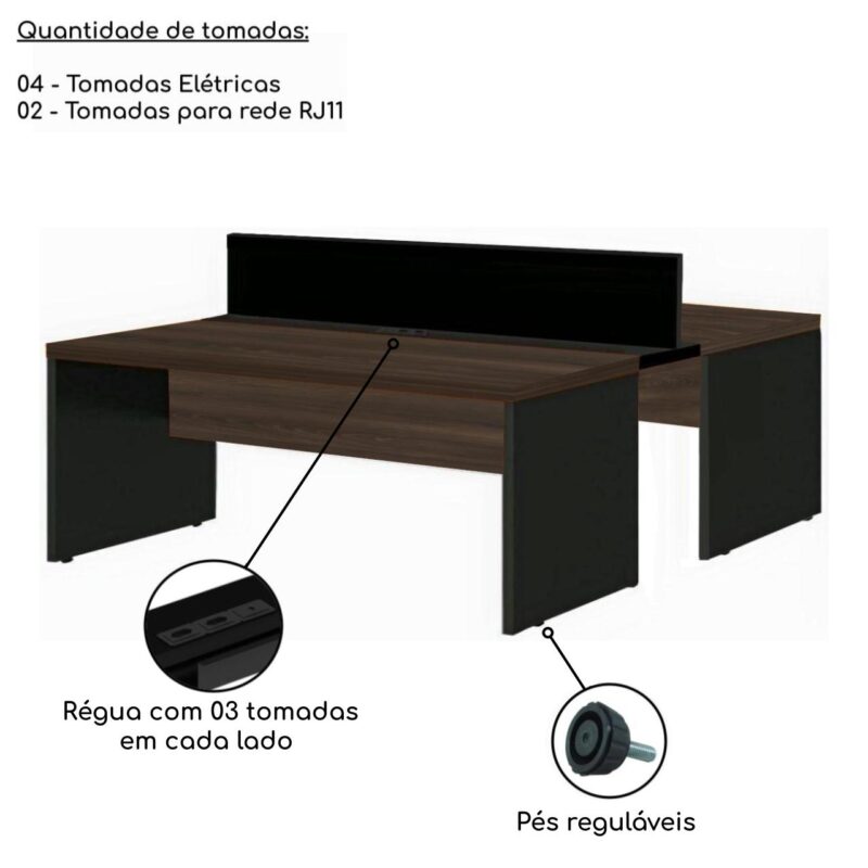 Estação de Trabalho Dupla 1,20×1,35m 02 Lugares c/ Gavetas c/ ponto de tomada MARSALA/PRETO – 63090 Kairós Office Linha 30 mm 3