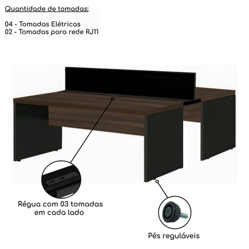 Estação de Trabalho Dupla 1,20×1,35m 02 Lugares c/ Gavetas c/ ponto de tomada MARSALA/PRETO – 63090 KAIRÓS OFFICE Linha 30 mm 3