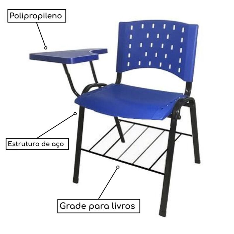 Cadeira Universitária PRANCHETA PLÁSTICA com Porta Livros – Cor Azul 32019 KAIRÓS OFFICE Carteira Escolar 3