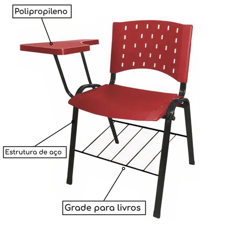 Cadeira Universitária PRANCHETA PLÁSTICA com Porta Livros – Cor Vermelho 32020 Kairós Office Carteira Escolar 3