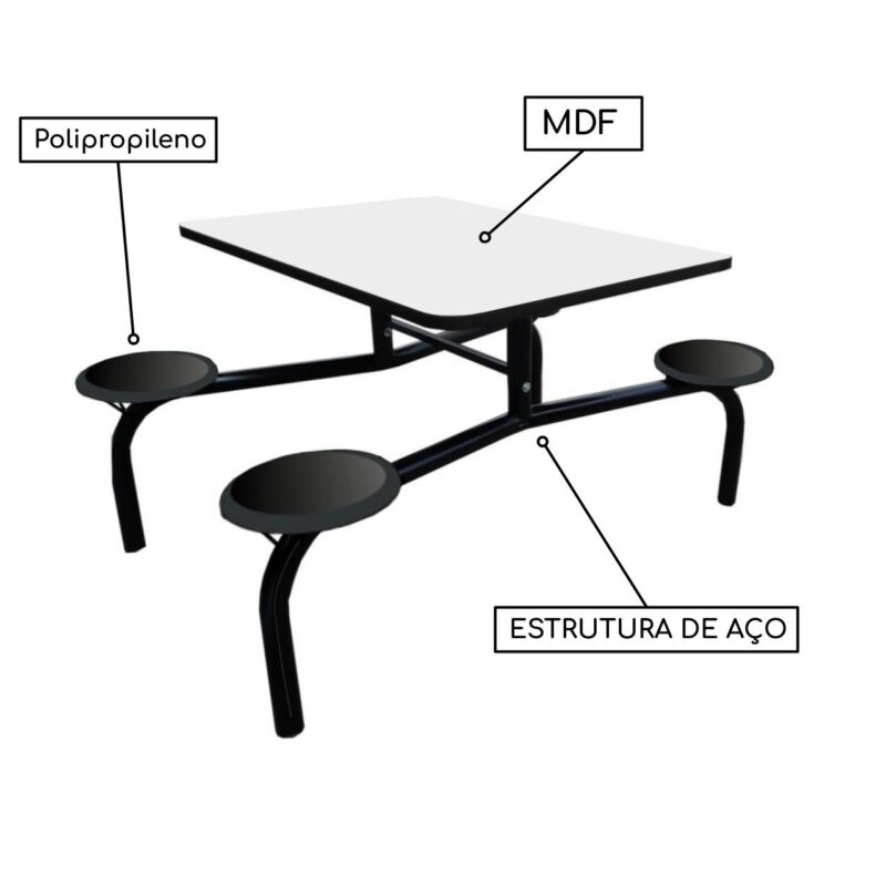 Mesa para Refeitório Fixo 04 Lugares MDP BRANCO DE 25 MM 50052 KAIRÓS OFFICE Fixo 4