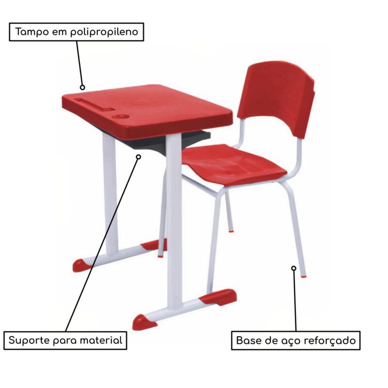 Kit Escolar Individual VERMELHO – (Mesa e Cadeira) – ADULTO – – COR VERMELHO – 40082 KAIRÓS OFFICE Adulto 4