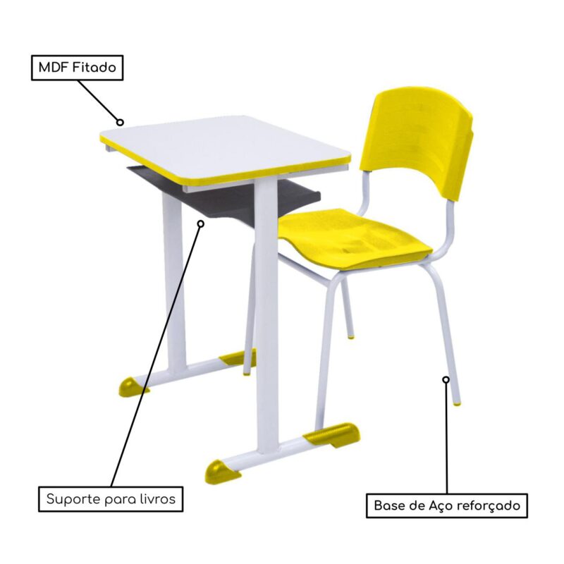 Kit Escolar Individual AMARELO – (Mesa e Cadeira) – ADULTO – MADEIRA – COR AMARELO – 40098 KAIRÓS OFFICE Adulto 4