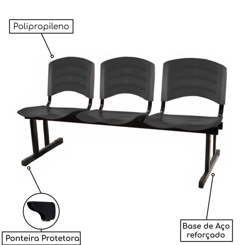Kit 05 Cadeiras Longarinas PLÁSTICA 03 Lugares – Cor PRETO 33034 Kairós Office Longarinas 4
