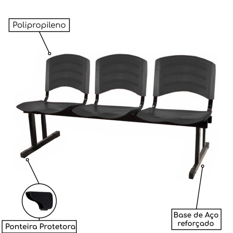 Kit 05 Cadeiras Longarinas PLÁSTICA 03 Lugares – Cor PRETO 33034 KAIRÓS OFFICE Longarinas 4