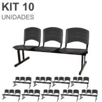 Kit 10 Cadeiras Longarinas PLÁSTICA 03 Lugares – Cor PRETO 33039 KAIRÓS OFFICE Longarinas