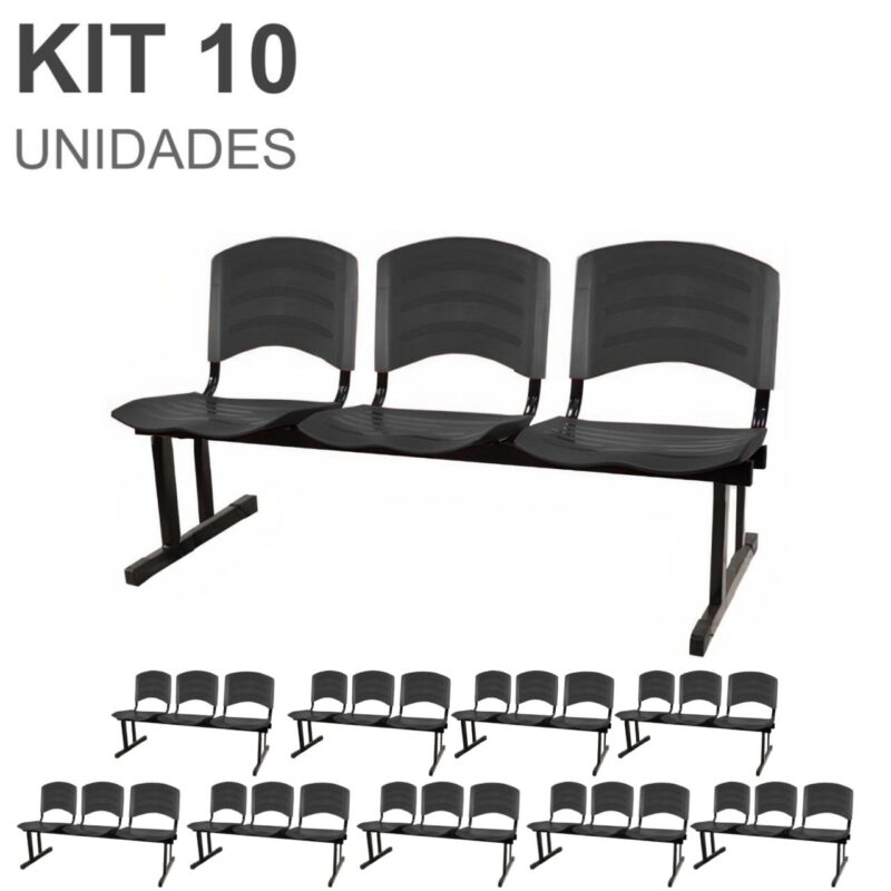 Kit 10 Cadeiras Longarinas PLÁSTICA 03 Lugares – Cor PRETO 33039 KAIRÓS OFFICE Longarinas 2