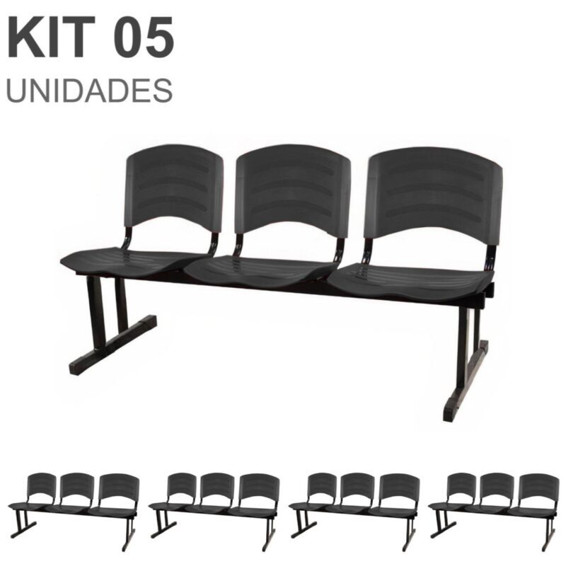 Kit 05 Cadeiras Longarinas PLÁSTICA 03 Lugares – Cor PRETO 33034 KAIRÓS OFFICE Longarinas 2