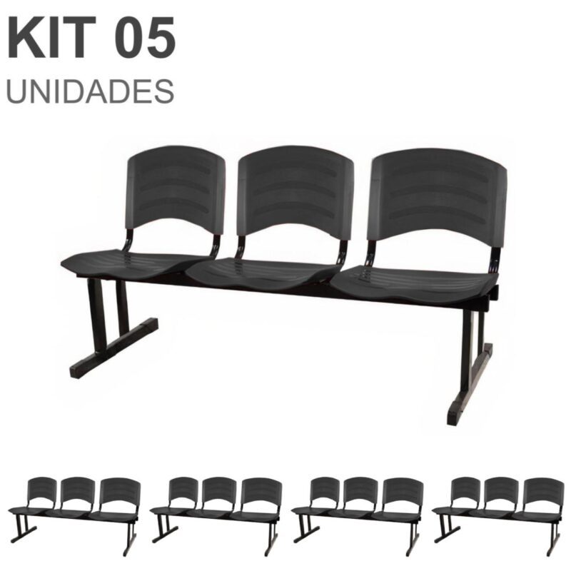 Kit 05 Cadeiras Longarinas PLÁSTICA 03 Lugares – Cor PRETO 33034 Kairós Office Longarinas 2