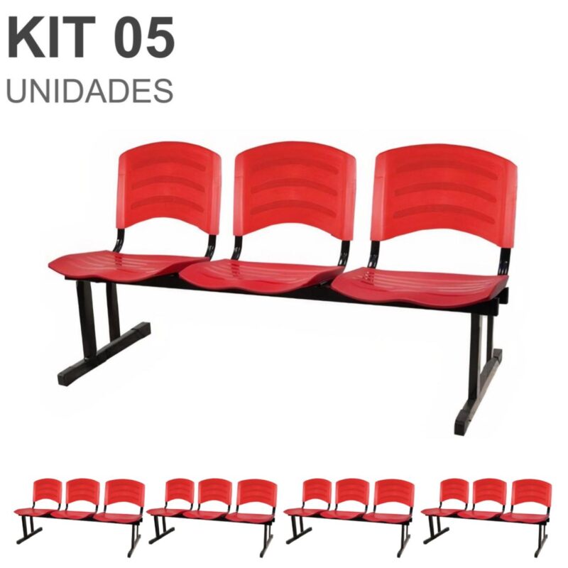 Kit 05 Cadeiras Longarinas PLÁSTICAS 03 Lugares – Cor Vermelho 33043 Kairós Office Longarinas 2