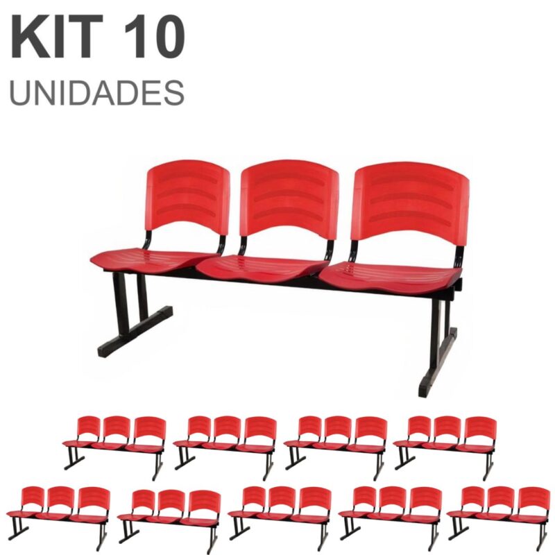 Kit 10 Cadeiras Longarinas PLÁSTICAS 03 Lugares – Cor Vermelho 33048 KAIRÓS OFFICE Longarinas 2