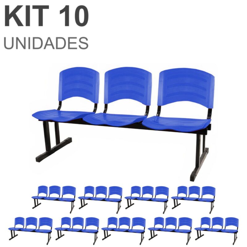 Kit 10 Cadeiras Longarinas PLÁSTICAS 03 Lugares – Cor Azul 33057 Kairós Office Longarinas 2