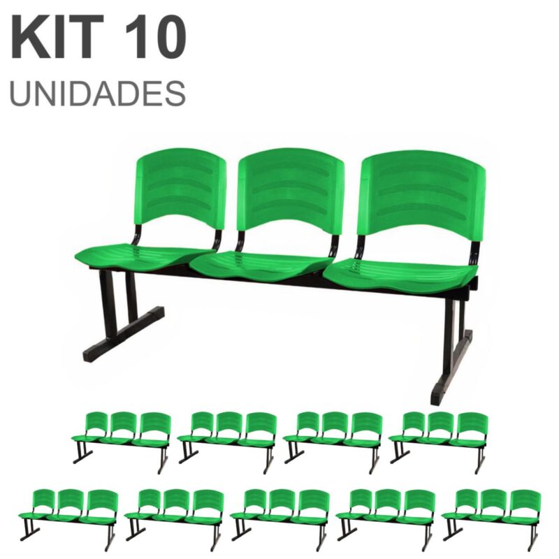 Kit 10 Cadeiras Longarinas PLÁSTICAS 03 Lugares – Cor Verde 33066 KAIRÓS OFFICE Longarinas 2