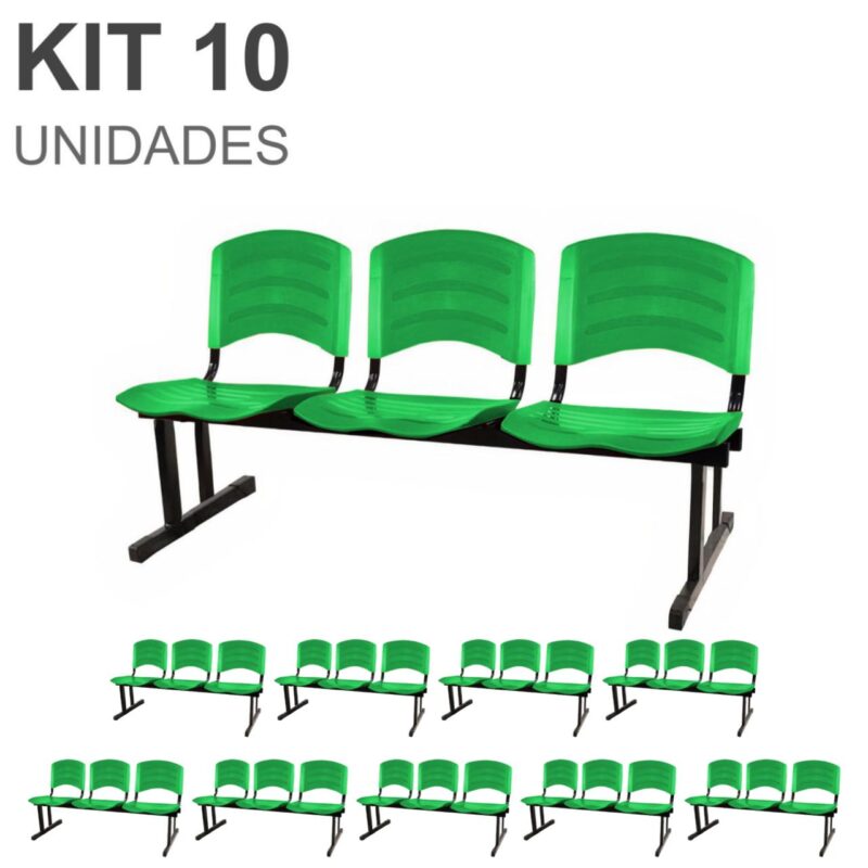 Kit 10 Cadeiras Longarinas PLÁSTICAS 03 Lugares – Cor Verde 33066 Kairós Office Longarinas 2