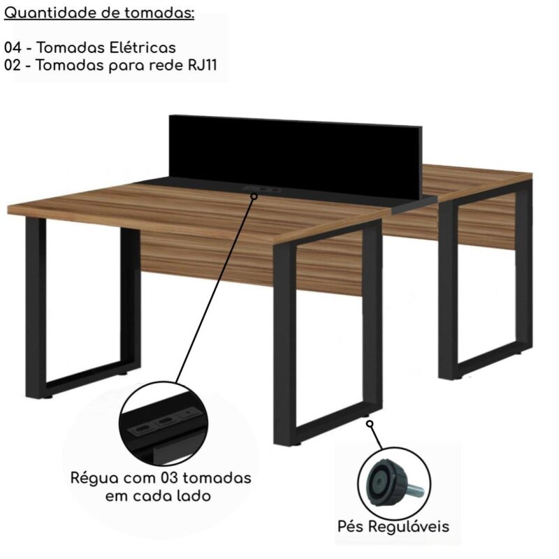 Estação de Trabalho Dupla 1,20×1,35m 02 Lugares s/ Gavetas c/ ponto de tomada PÉ QUADRO – Cor Nogal Sevilha – 63096 KAIRÓS OFFICE Linha 40 mm 4