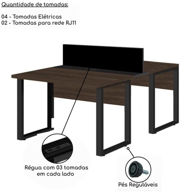 Mesa Estação de Trabalho Dupla 1,50×1,35m 2 Lugares s/ Gavetas c/ ponto de tomada PÉ QUADRO MARSALA/PRETO – 64002 Kairós Office Linha 30 mm 5