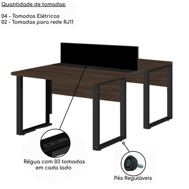 Mesa Estação de Trabalho Dupla 1,50×1,35m 2 Lugares s/ Gavetas c/ ponto de tomada PÉ QUADRO MARSALA/PRETO – 64002 KAIRÓS OFFICE Linha 30 mm 5