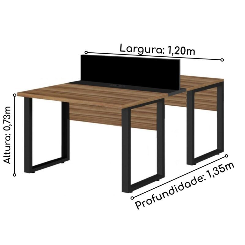 Estação de Trabalho Dupla 1,20×1,35m 02 Lugares s/ Gavetas c/ ponto de tomada PÉ QUADRO – Cor Nogal Sevilha – 63096 KAIRÓS OFFICE Linha 40 mm 5