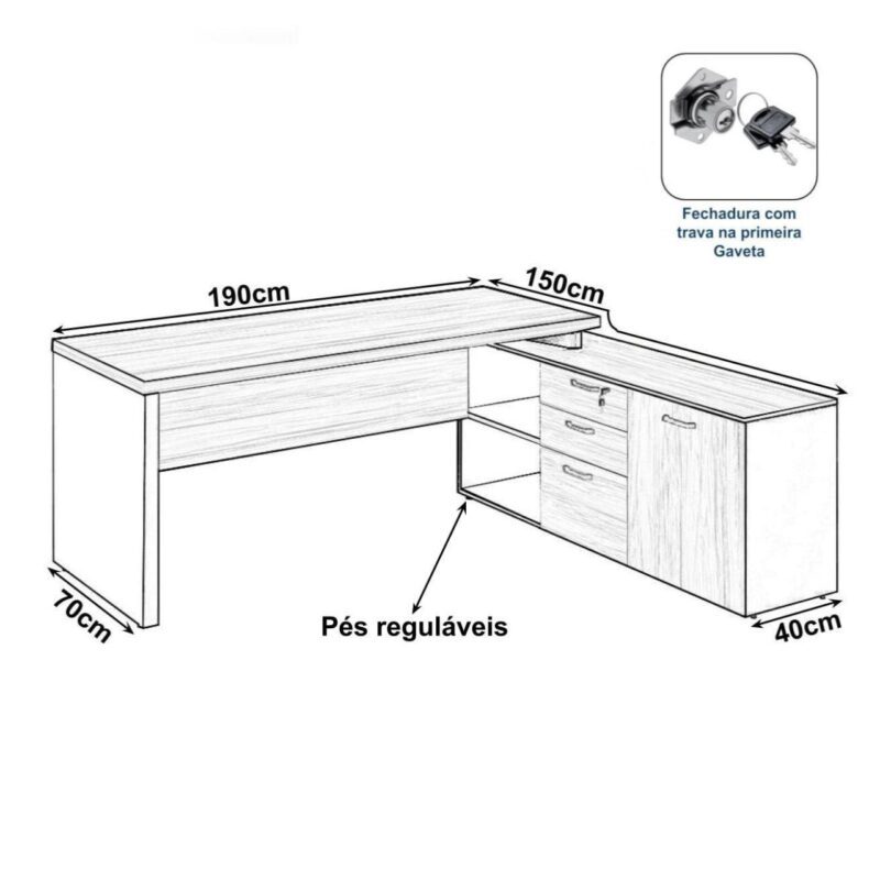 Mesa Diretorzinha c/ vidro c/ Aparador – Pé de MADEIRA – 1,90×1,50m – WORKSTART – MARSALA/PRETO – 23428 KAIRÓS OFFICE Linha 30 mm 3