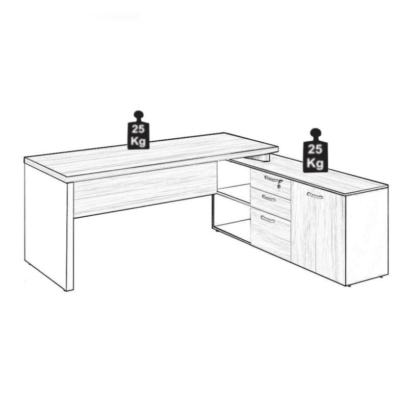 Mesa Diretorzinha c/ vidro c/ Aparador – Pé de MADEIRA – 1,90×1,50m – WORKSTART – MARSALA/PRETO – 23428 Kairós Office Linha 30 mm 4
