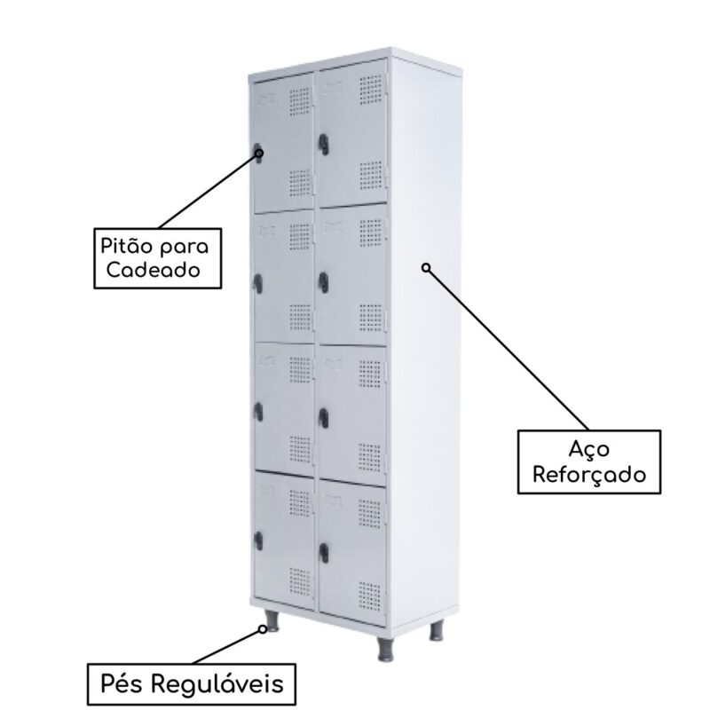 Armário Roupeiro de Aço c/ 08 Portas PEQUENAS 1,95×0,62×0,40m – SA – Cinza – 14002 KAIRÓS OFFICE Roupeiro de Aço 3