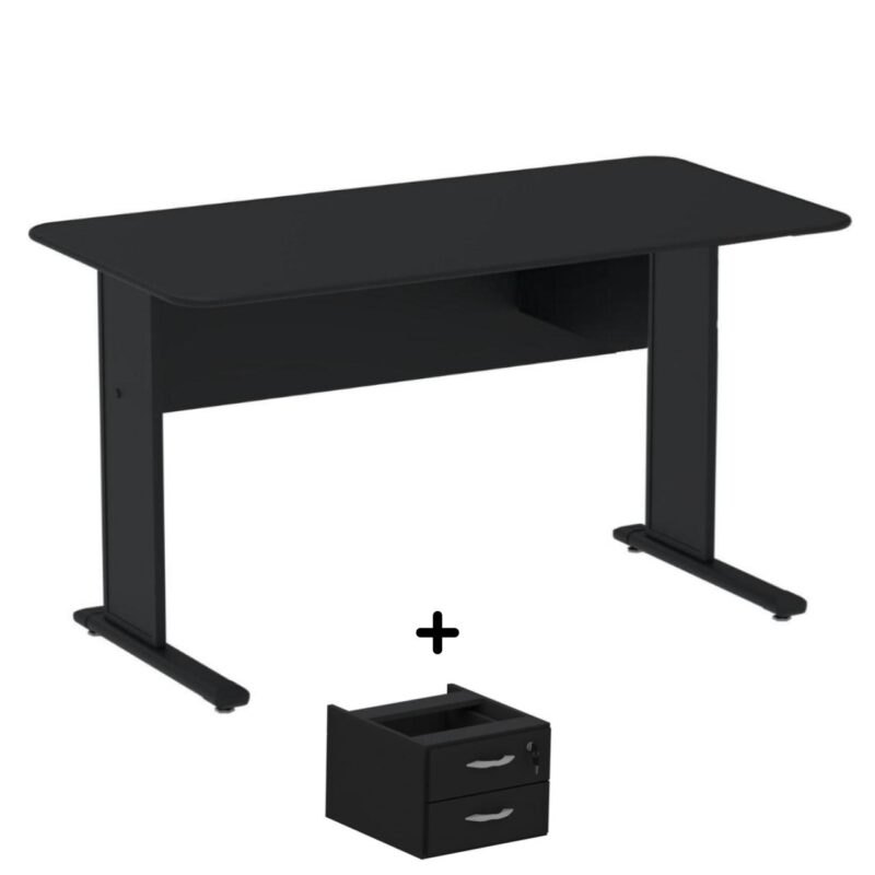 Mesa Escritório 1,50×0,60m c/ Gavetas – Cor Preto – 44093 Kairós Office Linha 15 mm 2