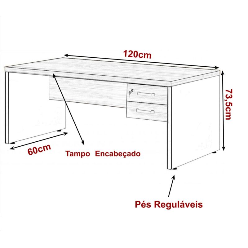 Mesa de Escritório com Gavetas 1,20×0,60m NOGAL SEVILHA/PRETO – 21471 KAIRÓS OFFICE Linha 40 mm 3