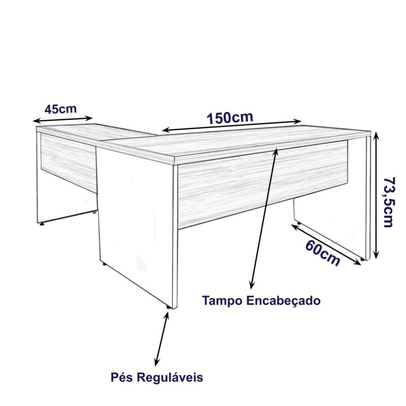 Mesa de Escritório em L (Mesa 1,50m + Mesa Auxiliar) – Sem Gavetas NOGAL SEVILHA/PRETO – 21476 KAIRÓS OFFICE Linha 40 mm 3