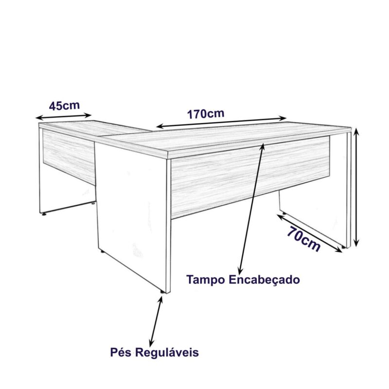 Mesa Escritório em L Mesa 1,70m + Mesa Auxiliar 02 Gavetas Nogal Sevilha / Preto 21479 KAIRÓS OFFICE Linha 40 mm 3