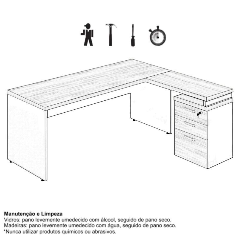 Mesa Escritório em “L” c/ Gaveteiro 1,70×1,60m NOGAL SEVILHA/PRETO – 21423 KAIRÓS OFFICE Linha 40 mm 8