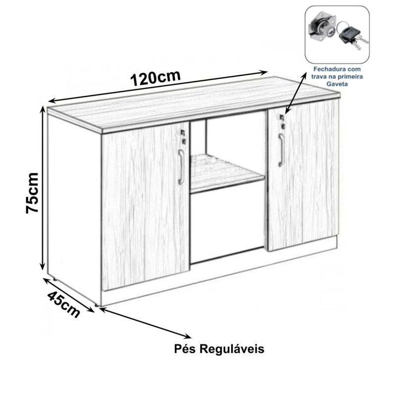 Armário Baixo Credenza – 1,20×0,74X0,45m NOGAL SEVILHA/PRETO – 21412 KAIRÓS OFFICE Linha 40 mm 3