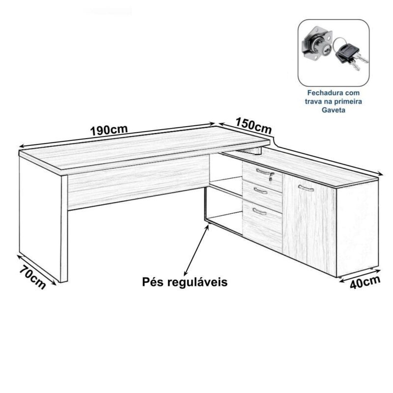 Mesa Escritório Diretorzinha c/ Aparador – Pé de MADEIRA – 1,90×1,60m MARSALA / PRETO / PRETO – 23487 KAIRÓS OFFICE Linha 30 mm 3