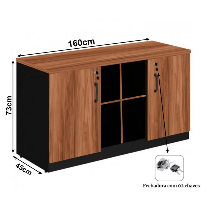 Armário Baixo GOLD Credenza ESPECIAL – 1,60×0,72×0,45m NOGALSEVILHA / PRETO – 23502 KAIRÓS OFFICE Linha 40 mm 3